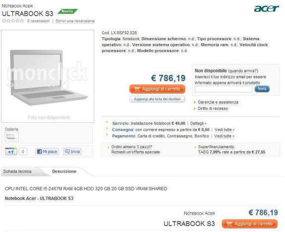 Acer Ultrabook S3 đã có danh sách tại Ý