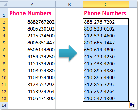 Công thức thêm dấu gạch ngang giữa những số điện thoại 