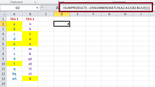 Excel : Đếm những ô giống nhau giữa hai cột 