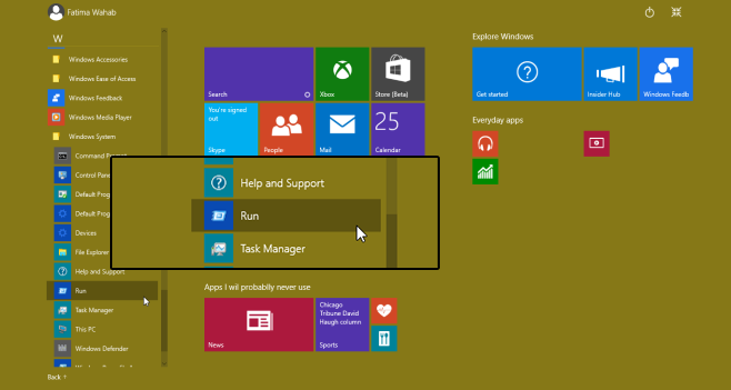 Mở lệnh Run từ menu Start trong Windows 10
